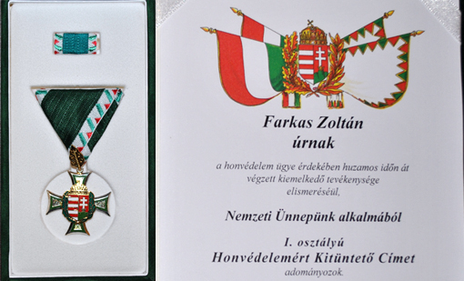 Farkas Zoltán I. Osztályú Honvédelemért Kitüntető Címet kapott Honvédelmi Minisztertől